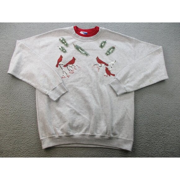 Gildan Sweaters - Christmas Sweatshirt Women's Large Cardinals Double Collar Granny Gray Red Birds